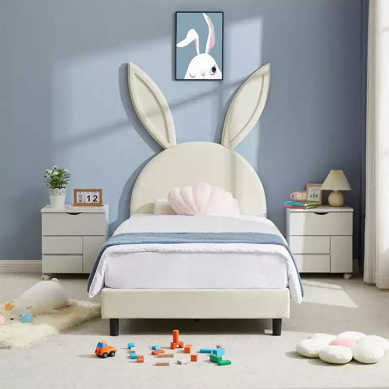 Kids Twin Platform Bed Frame, Rabbit Ear Velvet Headboard, 650 lb, Pink/Blue/Beige