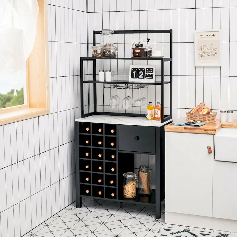 Gymax Kitchen Bakers Rack Freestanding Wine Rack Table w/ Glass Holder