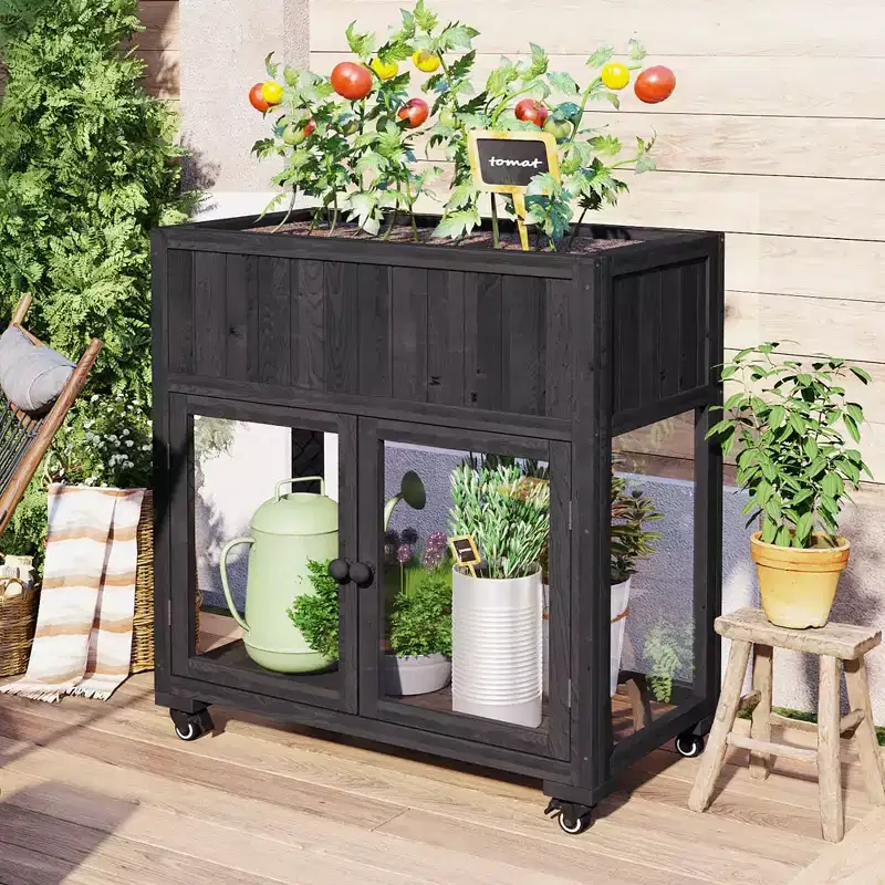 MAYEERTY 35.4''x17.7''x37.4'' Mini Cold Frame, 2-Door Greenhouse with Wheels, Indoor Outdoor, Black