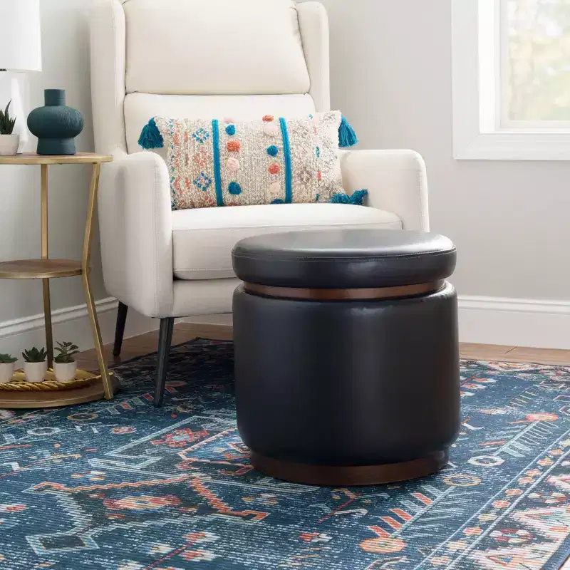 Round Storage Ottoman with Faux Leather Upholstery