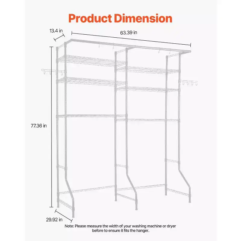 VIYET 6-Tier Adjustable Over Washer Dryer Shelf,Hanger Rod & Hooks,White Laundry Space Saver