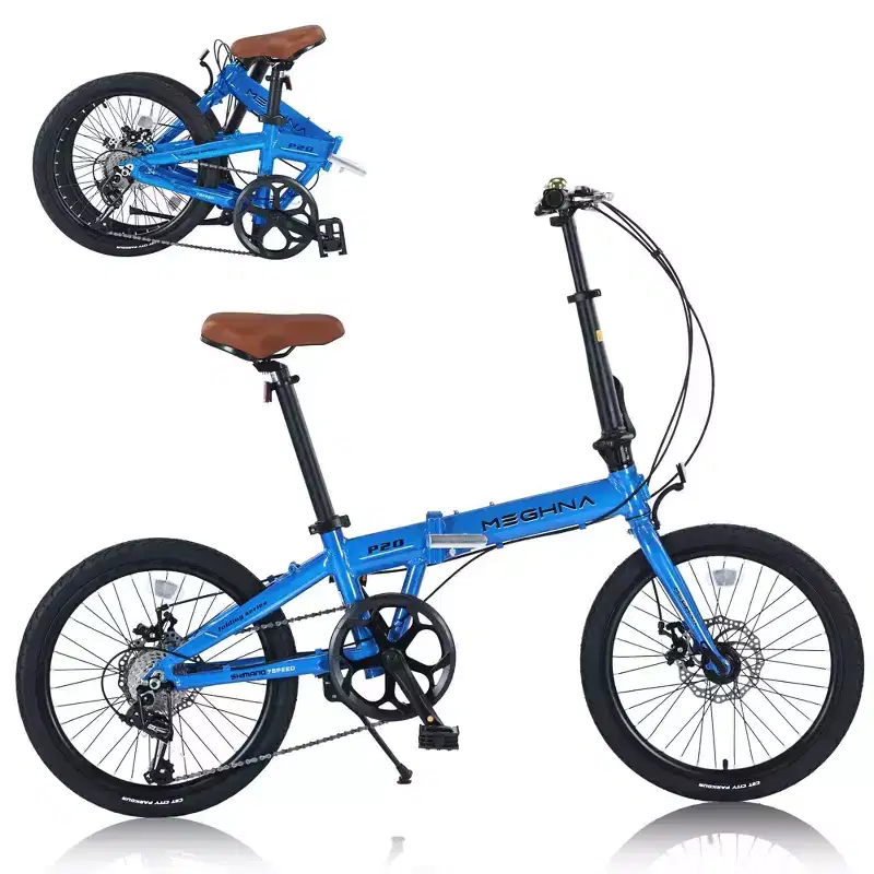 NAYSAYE 20 Inch Folding City Bike Lightweight Aluminum Frame 7 Speed for Commuting and Travel, Blue, 57.09*24.8*39.37