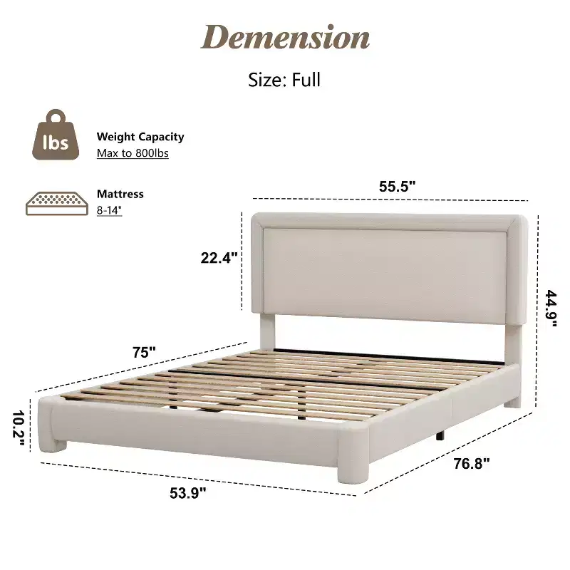 Dyonery Queen-size bed frame, modern Cream bed frame with adjustable headboard, rounded soft corners, no spring mattress required, easy assembly.