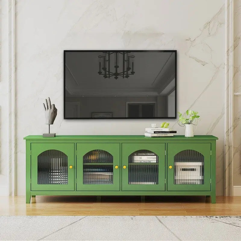 Vintage French Green TV Cabinet, Sideboard Buffet with Glass Doors and Shelves, Accent Coffee Bar Storage Cabinet