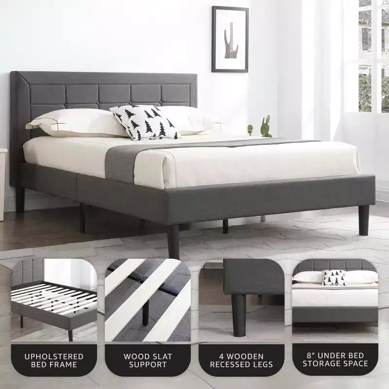 Upholstered Platform Full Size Bed Frame with Button-Tufted Headboard, Dark Grey