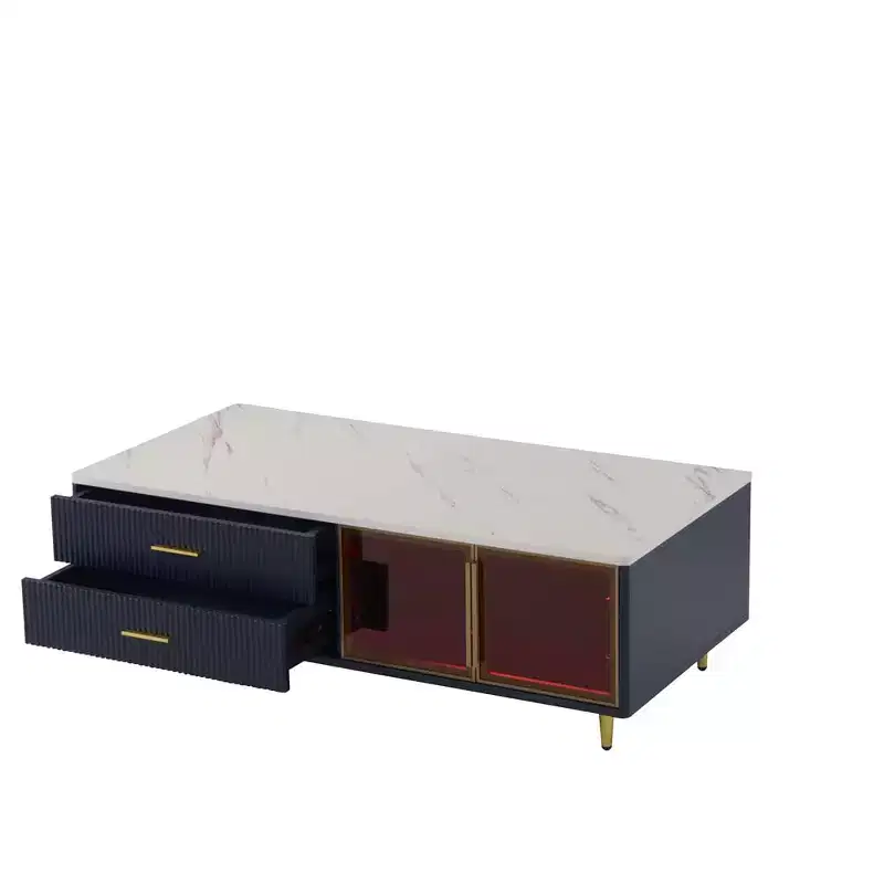 Modern Coffee Table with Glass Doors, 4 Drawers, Multi-Color Lighting & Metal Legs, Rectangular Center Table for Living Room