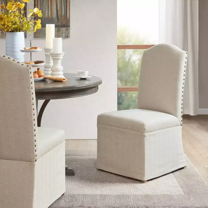 Set of 2 Cadman High Back Dining Chairs with Skirts Beige: Upholstered Parsons Style, Foam-Filled, Wood Legs