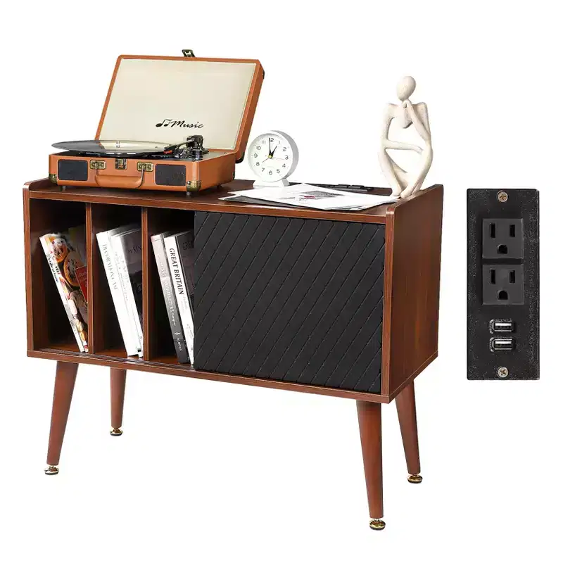 Record Player Stand with Charging Station & USB Ports – Holds 300 Albums, Vinyl Storage Cabinet