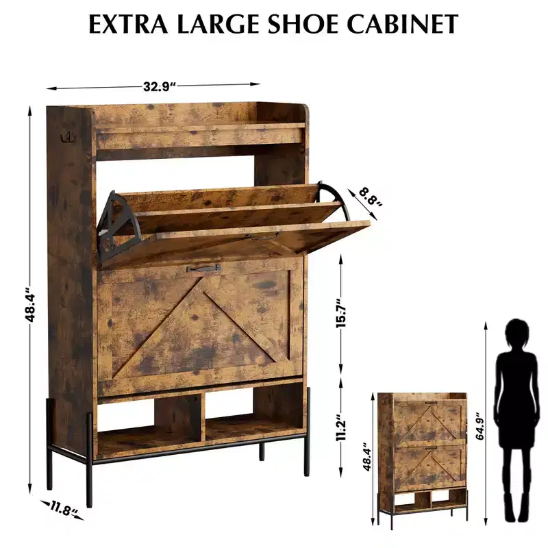 GustoWave Shoe Cabinet with 2 Flip Drawers, Large Capacity Entryway Shoe Storage, Narrow Shoe Cabinet with Metal Legs