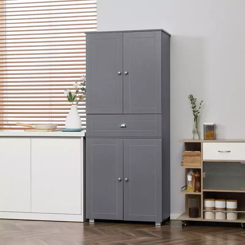 HOMCOM 72 Freestanding Kitchen Pantry Cabinet with 2 Large Double Door Cabinets and 1 Center Drawer, gray
