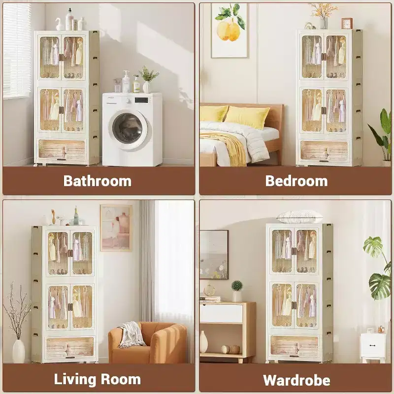 Acekool Collapsible Closet Organizer with Wheels, Portable Wardrobe with Magnetic Doors, Large Capacity Storage Cabinet for Bedroom