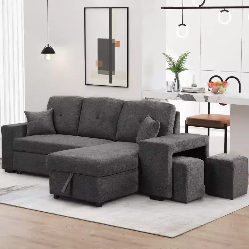Reversible L-Shape Sleeper Sectional Sofa with Storage Chaise, Side Shelf & 2 Stools - Pull-Out Sofa Bed for Living Room