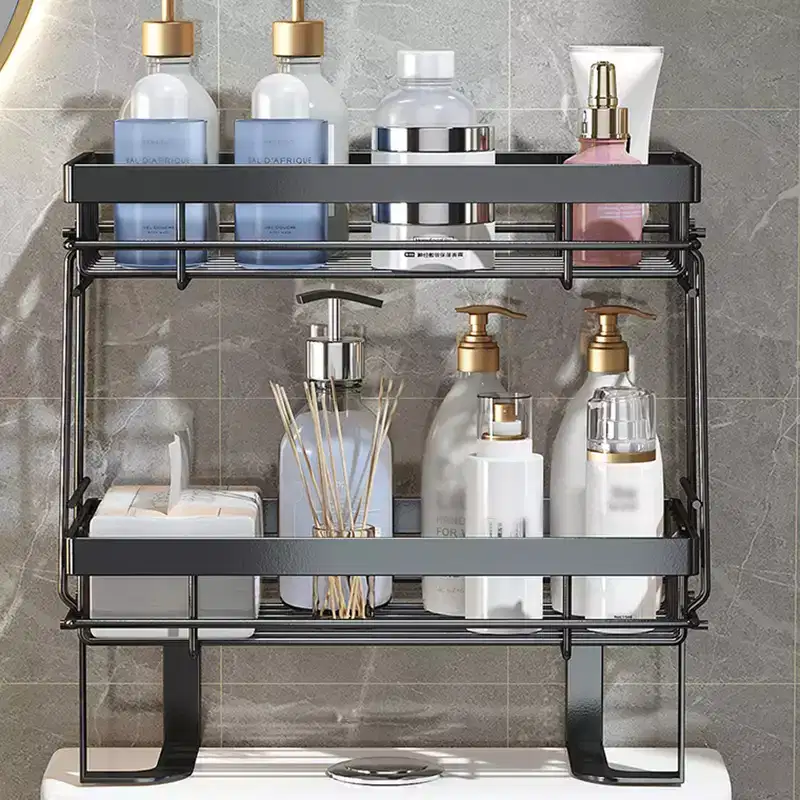Over Toilet Storage Shelf No Drill Carbon Steel Bathroom Organizer, Single or Double Layer Freestanding Shelf Black