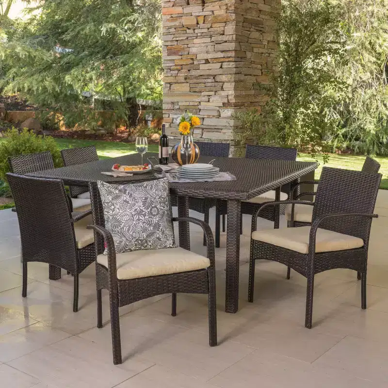 GDFStudio Hubery 9 Piece Outdoor Wicker Patio Dining Set with 64 Square Rattan Table and Cushions
