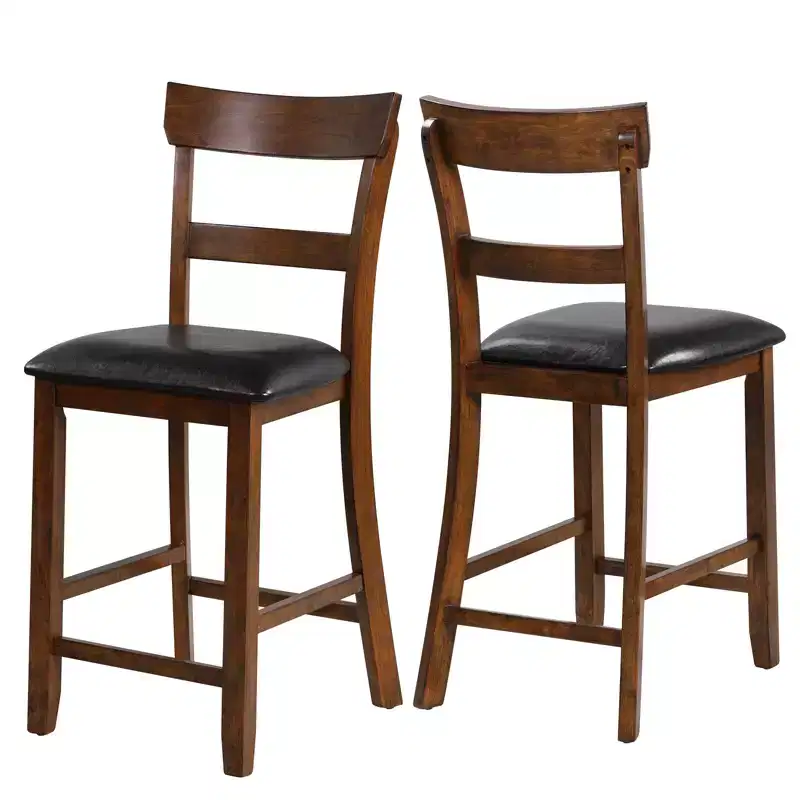 Costway Set of 2 Barstools Counter Height Chairs with Leather Seat&Rubber Wood Legs Brown, Black