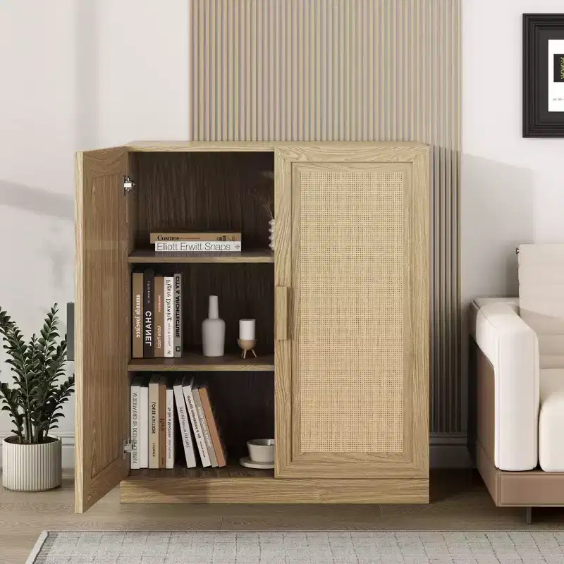 Rattan Wood Accent Cabinet with Adjustable Shelf, 36
