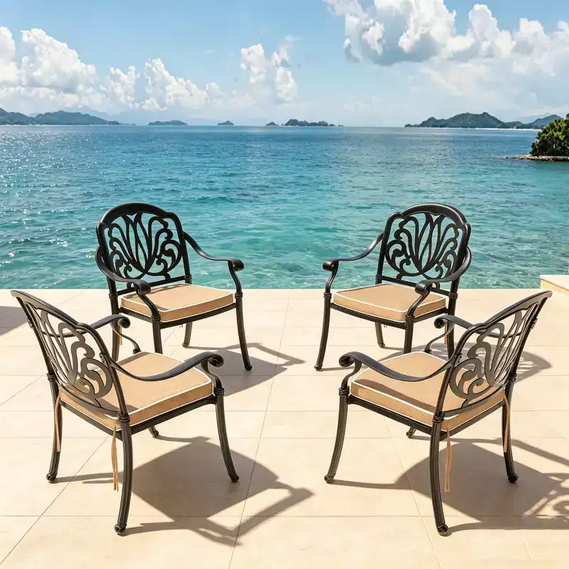 Set of 4 Cast Aluminum Patio Dining Chairs, Black Rust Resistant Frame with Water Resistant Cushions