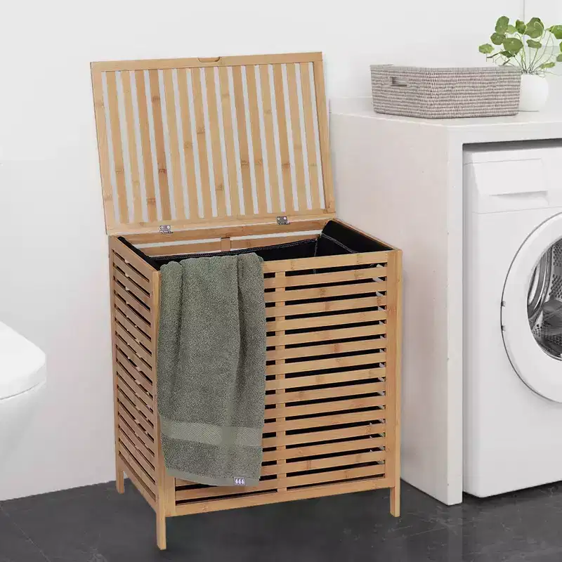 Evideco French Home Goods Bamboo Laundry Hamper with Lid, Removable Bag, Slatted Ventilation Design, Large Storage Basket