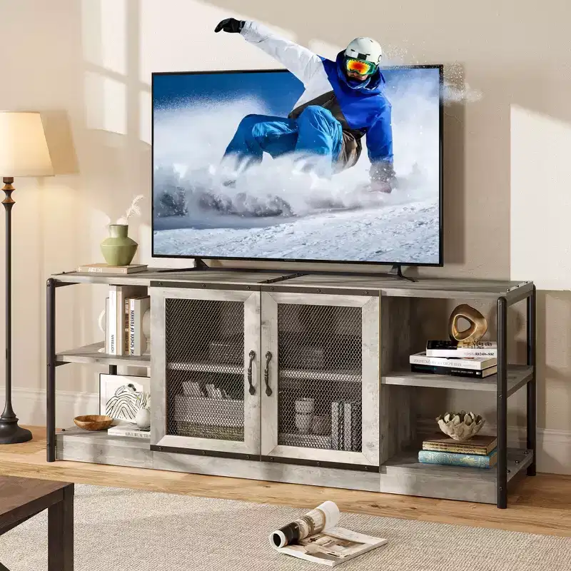 Farmhouse TV Stand for 65/75 Inch TVs, Entertainment Center With Storage Cabinet and Mesh Doors, Industrial Media Console Table for Living Room