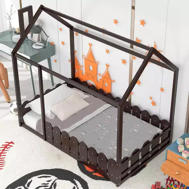 Wooden House Canopy Bed Frames with Guardrail Easy Assembly Wooden Slat Mattress House Platform Bed Floor Bed Frames for Boys Girls Bedroom Grey