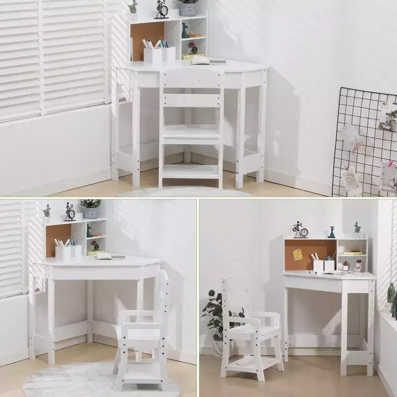 Kids Corner Study Desk Chair Set for Small Spaces, Wood Study Table with Adjustable Chair, Hutch, Corkboard, Pen Holder, Student Desk Set, White