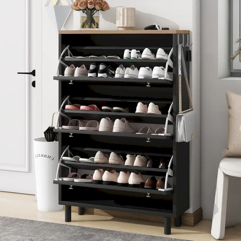 Shoe Cabinet with 3 Flip Drawers,Wood Grain Pattern with 3 Hooks,Free Standing Shoe Rack with Adjustable Panel