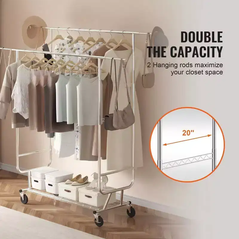 Heavy Duty Clothes Rack 600 lbs, Double Rod with Adjustable Height and Length