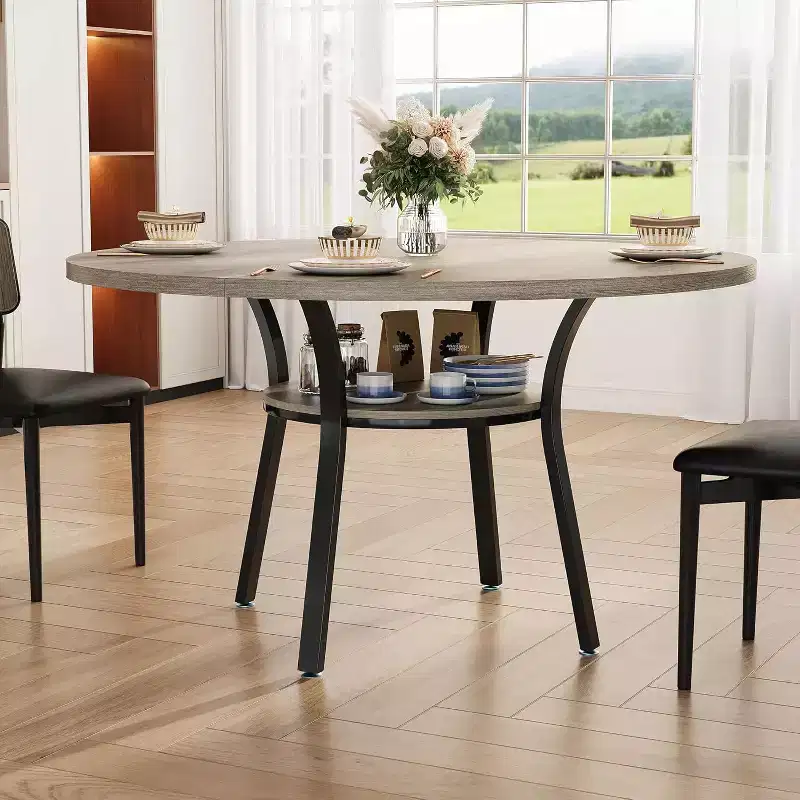 Round Dining Table for 4-6, 47 Inch Kitchen Table with Storage, Wooden Circle Dinner Table with Metal Legs, Modern Dining Room Tables