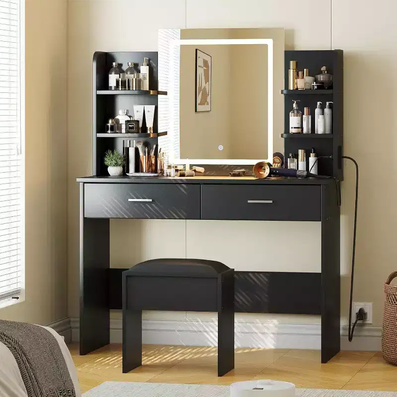 Vanity Desk with Lighted Mirror, Stool, Power Outlet, 6 Shelves, 2 Large Drawers, 3-Color Adjustable LED, Makeup Vanity for Bedroom, Black