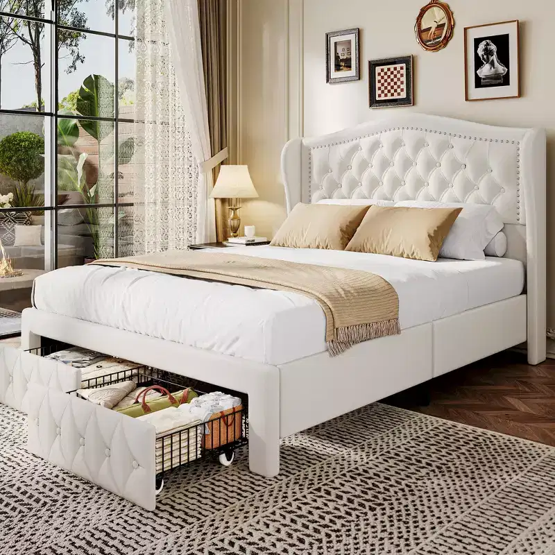 Dyonery Queen Bed Frame, Velvet Upholstered Platform Bed with 2 Storage Drawers, 52.6 Tall Wingback & Vertical Tufted Headboard Design