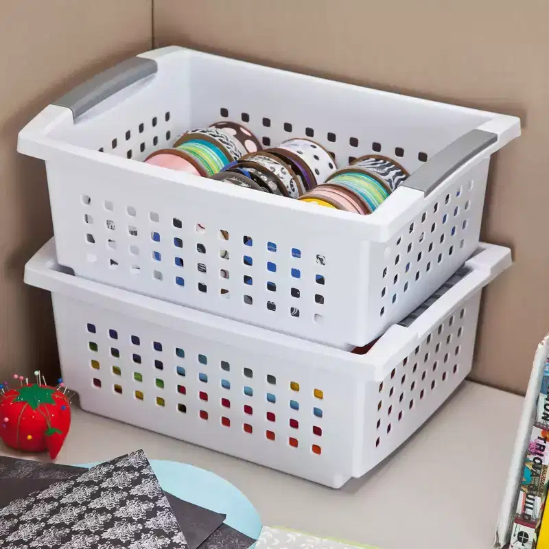 Small White Stacking Basket with Accent Rails (18 Pack)