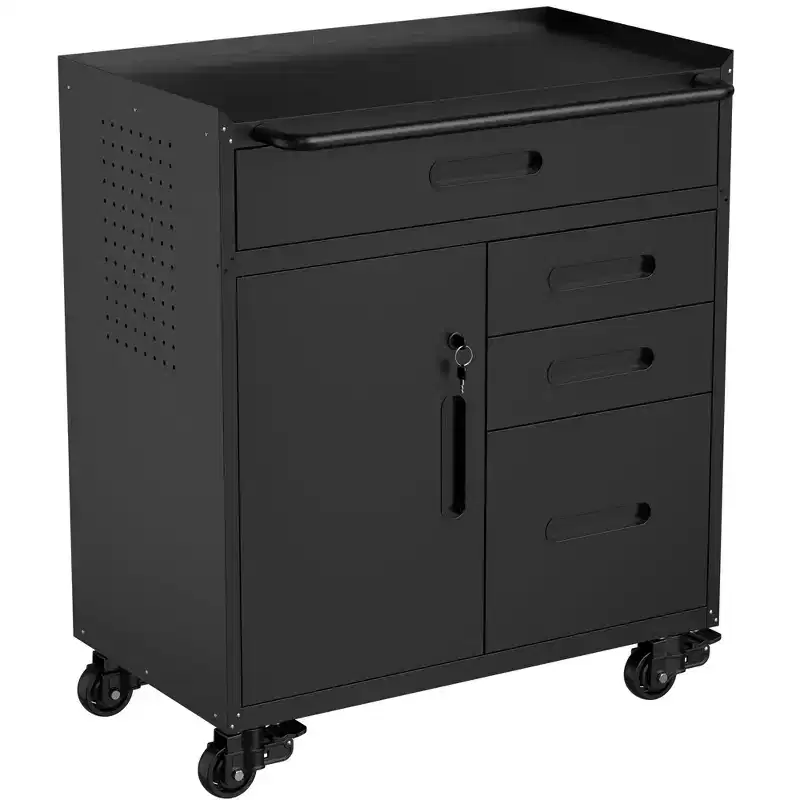 VIYET 34 4-Drawer Mobile Tool Cabinet - Heavy-Duty Steel Garage Organizer with Lockable Storage Compartment & Rolling Workshop Chest, Black