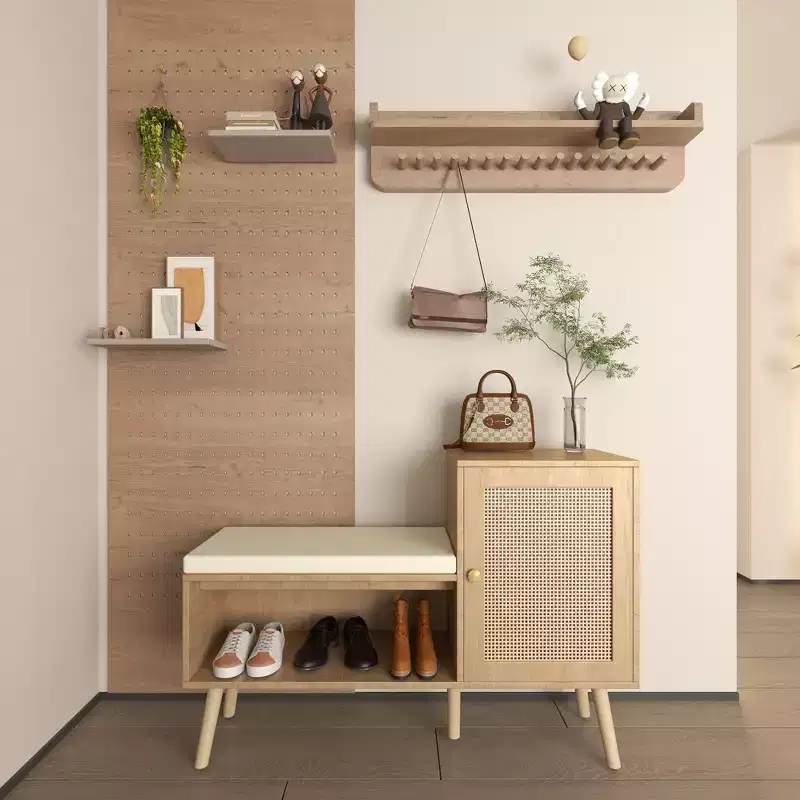 2-in-1 Shoe Storage Bench, PP Rattan Shoe Cabinet with 2 Adjustable Shelves and Removable Seat Cushion,Shoe Storage Organizer