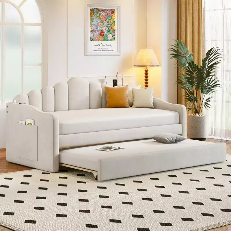 Twin Size Daybed with Trundle for Adults, Kids and Teens, Velvet, Beige
