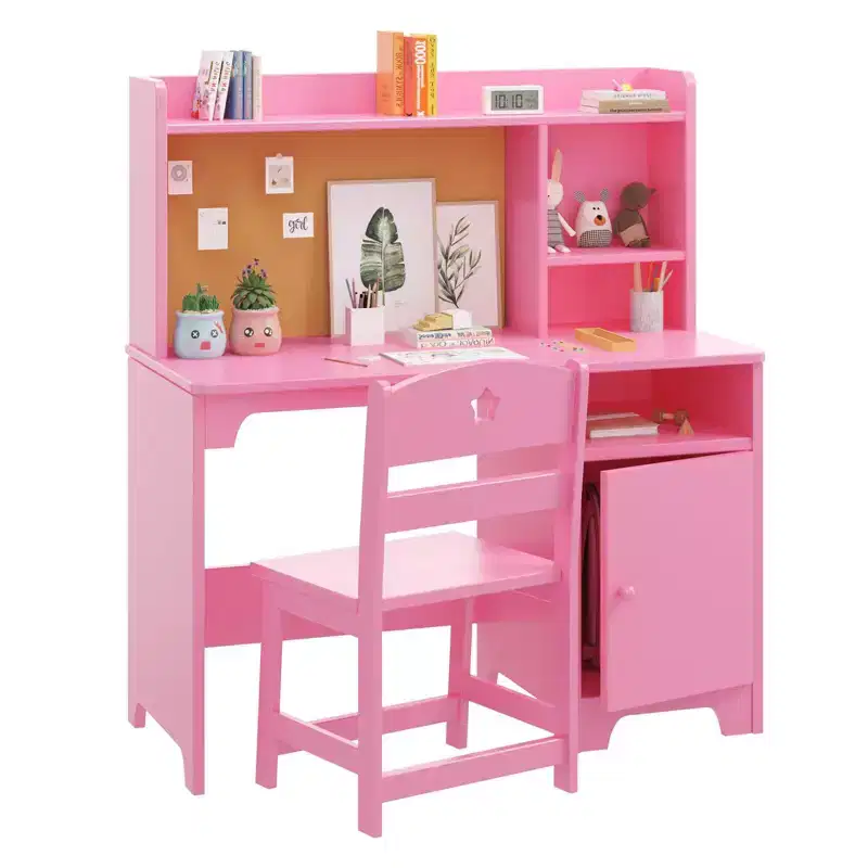 Kid's Study Desk and Chair Set,Wooden Ergonomic Design,Includes Bookshelf Organizer & Cork Bulletion Board for Children Studying, Writing, Drawing