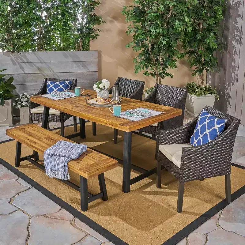 Christopher Knight Home Calero Outdoor Acacia Wood and Wicker 6 Piece Dining Set with Bench