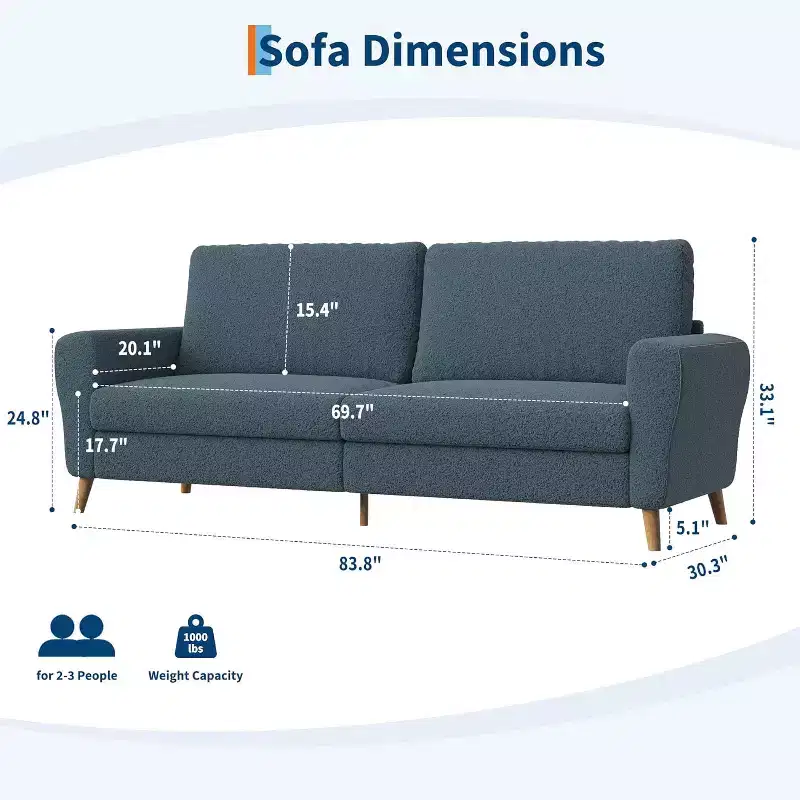 3 Seater Sofa with Wide Armrests, Wood Legs, Deep Seats, Mid-Century Modern Loveseat Sofa for Small Spaces, Easy Assembly