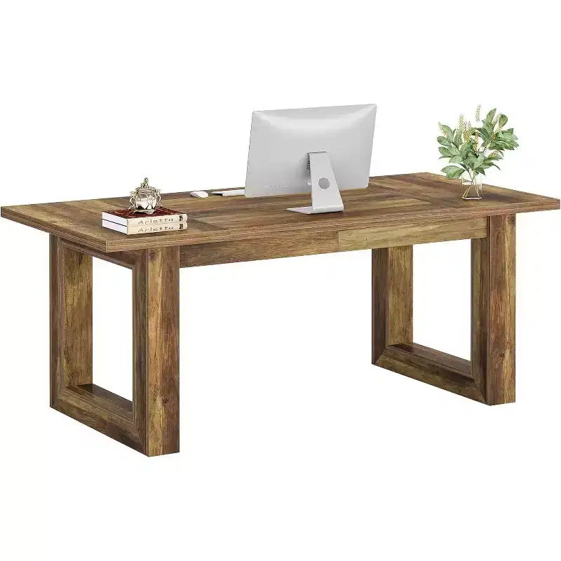 Lantine 63-Inch Executive Computer Desk, Industrial Writing Table with Solid Wooden Base for Home Office