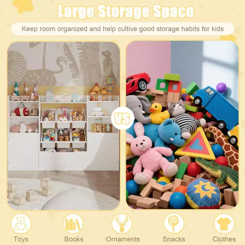 Kids Storage Organizer Cabinet with 6 Bins, Toddler Bookcase Storage Cabinet with Drawer Door, Kids Bookshelf for Playroom Classroom