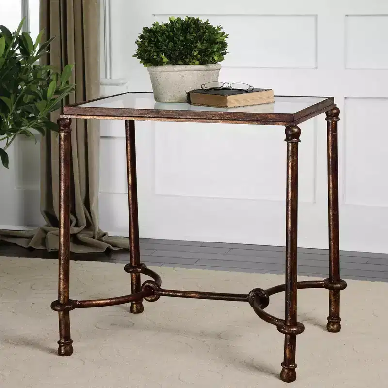 Forged Iron Accent End Table with Tempered Glass Top