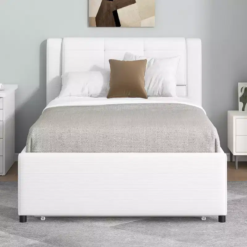 Twin/Full Size Upholstered Platform Bed Frame with Soft Padded Headboard & Trundle