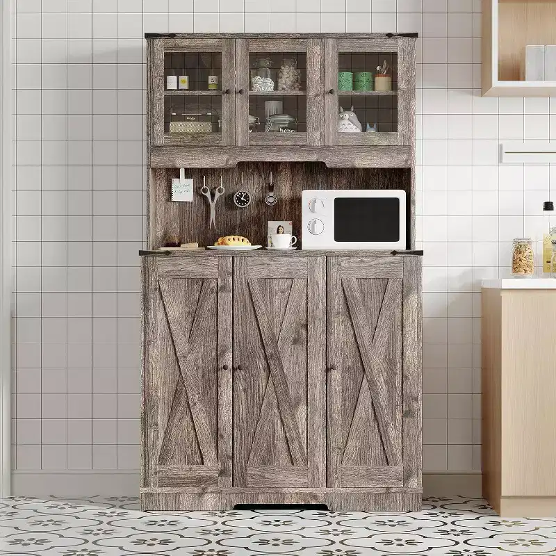 71 Tall Pantry Cabinet with Charging Station, Farmhouse Kitchen Hutch Storage Cabinet with Microwave Stand,for Living Room, Dining Room