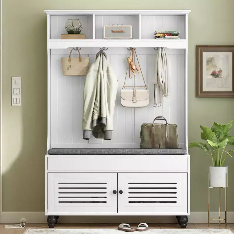 5-IN-1 Hall Tree with Shutter-Shaped Doors, Freestanding Coat Rack with Cushion and 4 Hooks, White
