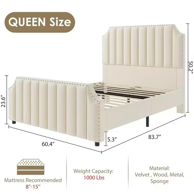 Platform Bed Frame with 50.2 Headboard, Velvet Upholstered Bed Frame