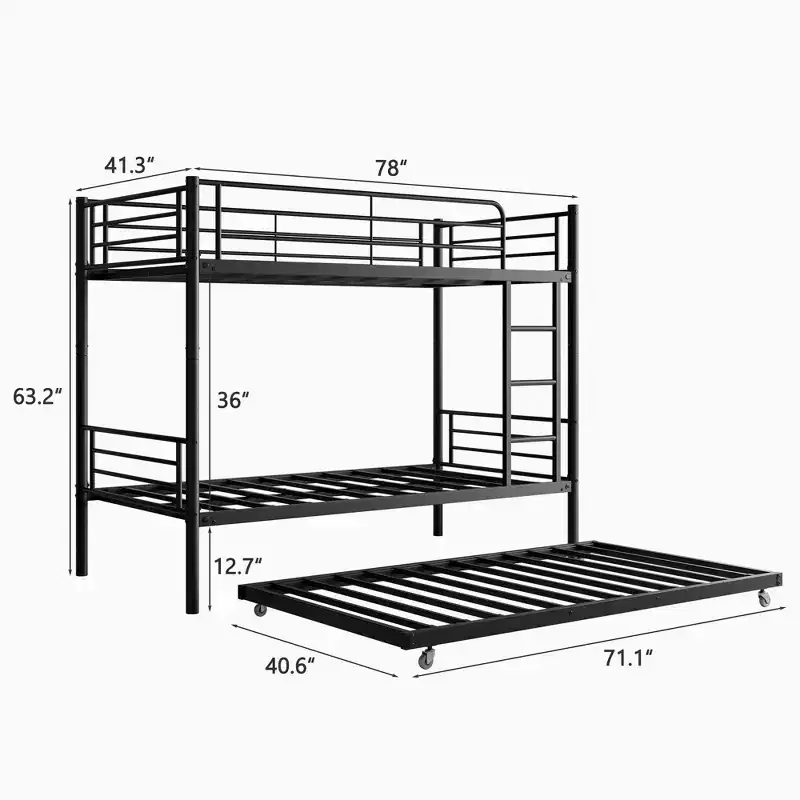 Twin over Twin Bunk Bed with Trundle, Metal Frame with Ladder and Guardrails