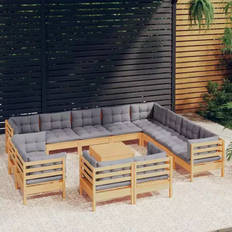 vidaXL Solid Pinewood Patio Lounge Set 13 Piece with Cushions - Brown and Gray