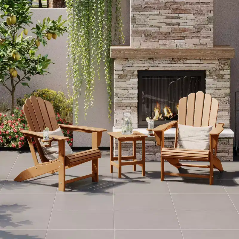 WestinTrends Highland 3-Piece Outdoor Patio HDPE Adirondack Chair With Cup Holder and Table Set, Teak