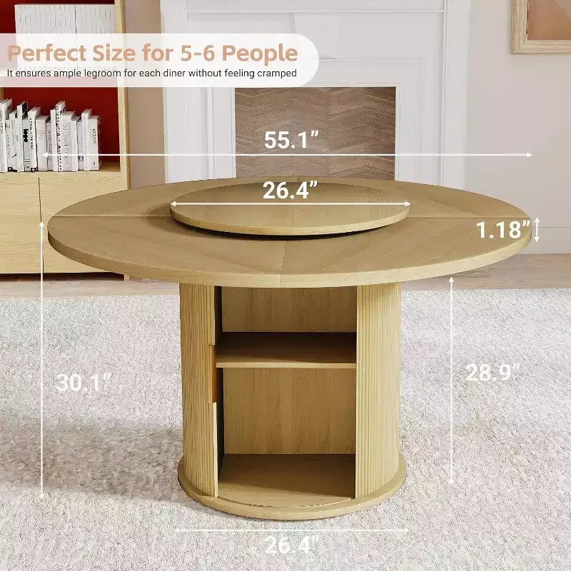 MooxvMoo 55 Rotating Round Dining Table w/ Double-Layer Storage Shelf and Doors, Wooden Table w/ Rotating Top for Living Room, Restaurant, Natural