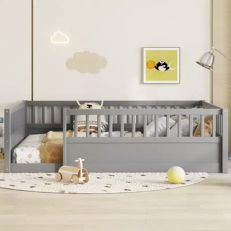 Bellemave Kids Floor Bed with Fence and Door, Solid Pine Wood Montessori Play Bed for Toddlers, Low Design for Safety & Independence