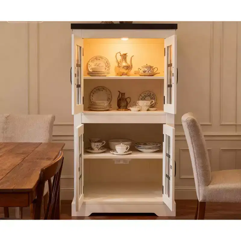 Buffet Cabinet with Glass Doors, Built-in Power Outlet, Sideboard for Kitchen Pantry